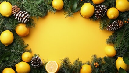 Fresh lemons and pine branches arranged in a frame on a bright yellow background