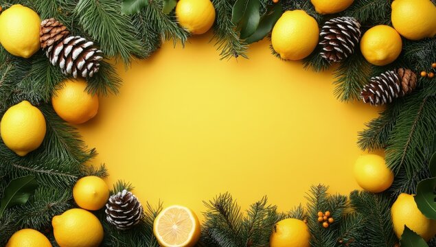 Fresh lemons and pine branches arranged in a frame on a bright yellow background