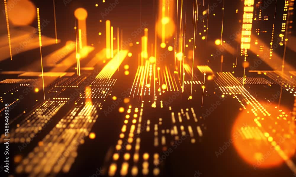 Poster digital background featuring orange and yellow glowing lines, representing data visualization in the