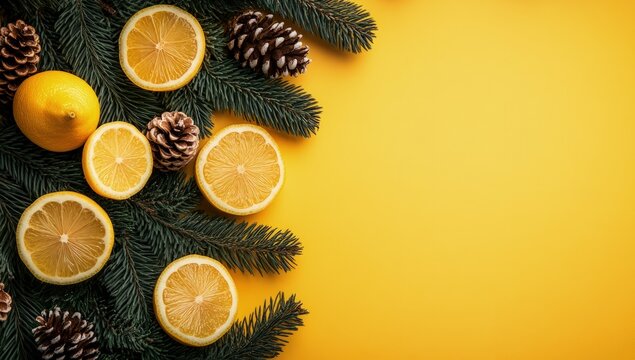 Fresh citrus slices and pine branches on a yellow background