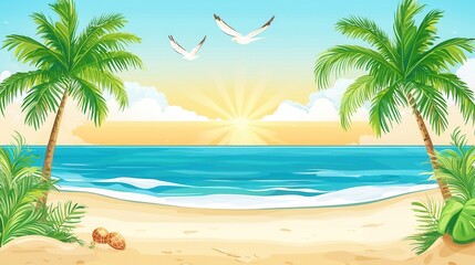 Obraz premium Tropical Beach Sunrise Palm Trees Ocean and Birds