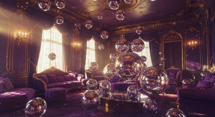 Obraz premium Luxurious purple room filled with reflective orbs