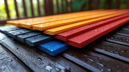 Colorful composite panels on a wooden surface