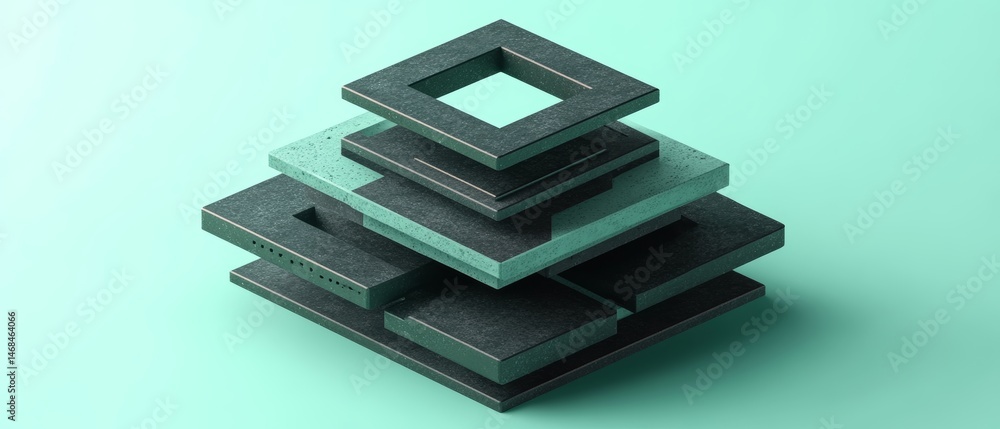 Poster abstract isometric stack of dark square shapes on teal background