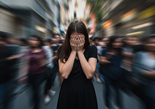 A stressed woman in a crowd covers her face in anxiety, representing panic and being overwhelmed.