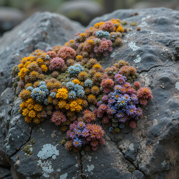 Multicolor Linchen Abstract.  Both foliose and squamulose lichen grow on large boulder