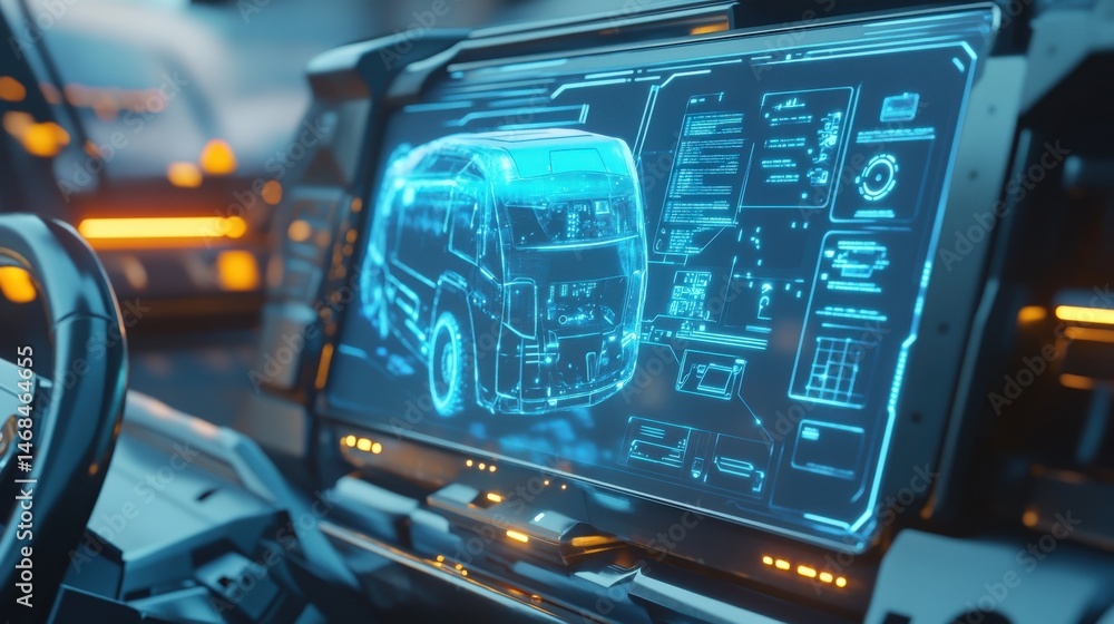 Poster futuristic digital dashboard displaying vehicle schematic.