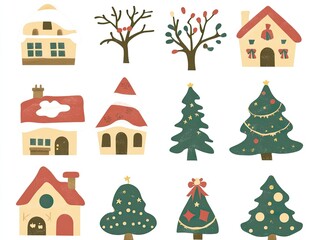 Collection of simple, festive winter houses and trees.