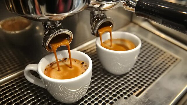 Espresso pouring into two white cups.