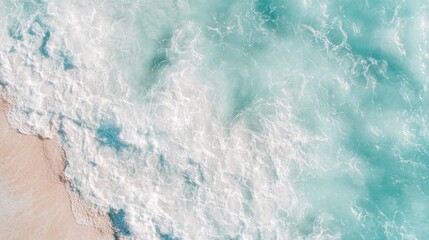Aerial View of Ocean Waves Crashing on Sandy Beach Turquoise Water Summer Vacation