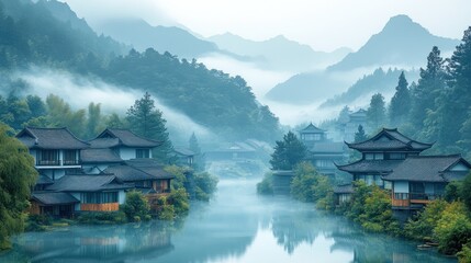 Misty Mountain Lake Houses: A Serene Asian Landscape