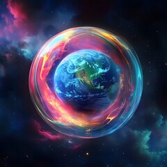 Obraz premium Earth encased in vibrant, cosmic bubble