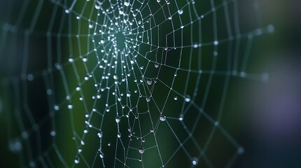 Obraz premium A macro view showcases a spider web densely covered in sparkling water droplets, highlighting the intricate structure and delicate beauty of nature's wet weave.