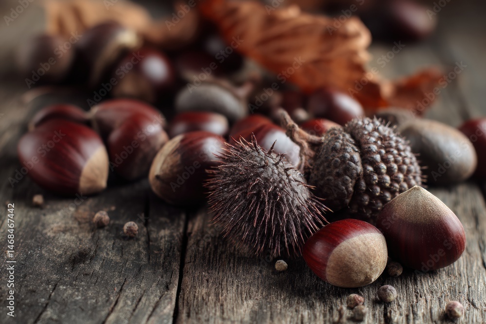Poster collecting fallen chestnuts and acorns on a rustic wooden table during autumn generative ai