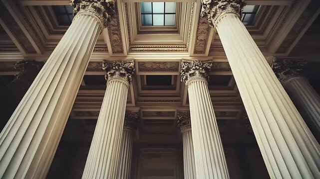 Ancient columns and vaulted ceiling inside a building.