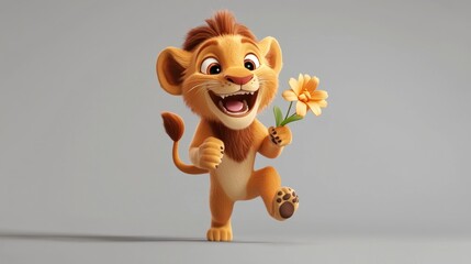 Fototapeta premium Animated lion cub holding flower, studio shot, happy expression