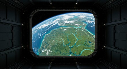 Naklejka premium Spacecraft window view of Earth with detailed landscape