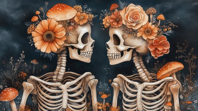 Two skeletons adorned with autumn flowers and mushrooms, facing each other