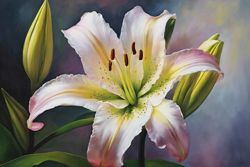 Pink lily on a blue background