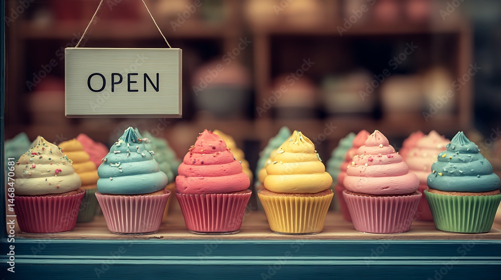 Aufkleber colorful cupcakes displayed with blank mockup template sign in bakery window