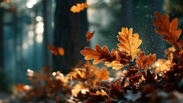 Autumn leaves dance in sunlit forest.  Golden brown leaves on the forest floor, backlit by sunlight, creating a warm ambiance.  Gentle fall breeze stirs the leaves in a beautiful display