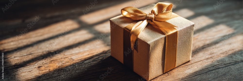 Poster gift box with golden ribbon on a wooden table under soft light, creating an inviting atmosphere perf