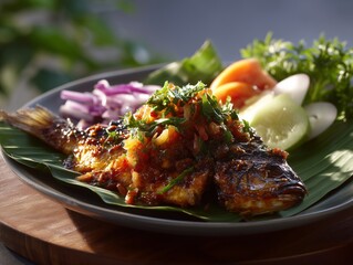 Ikan Bakar, Indonesian grilled fish with spicy sambal and vegetables
