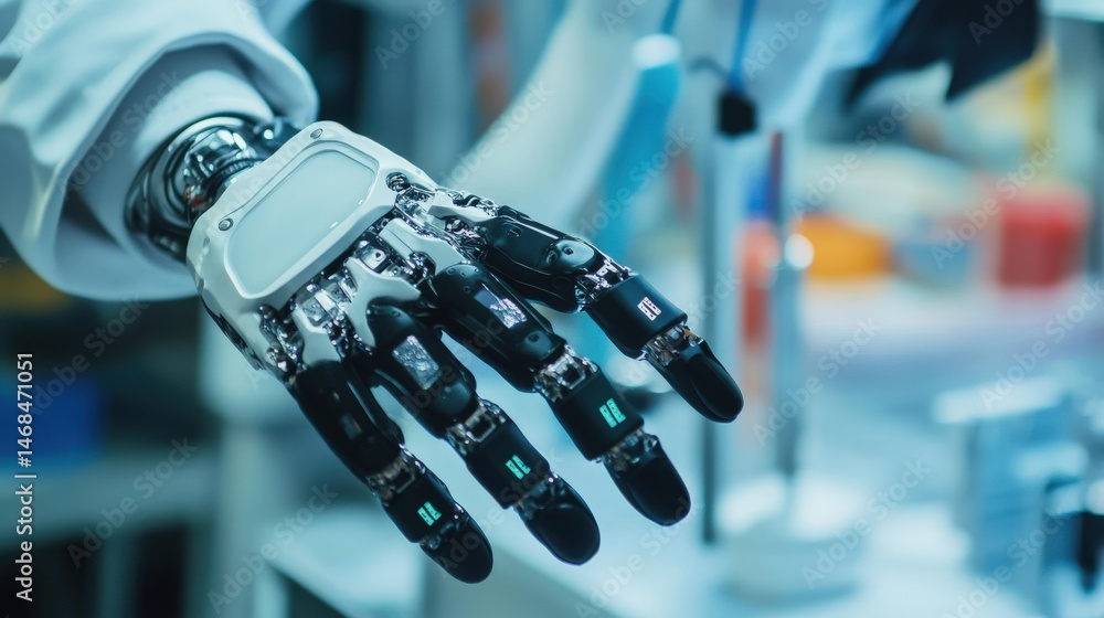 Poster Close-up view of a mechanical robotic hand in a laboratory setting.