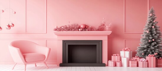 Pink christmas room decor with tree, fireplace, presents, chair, chandelier