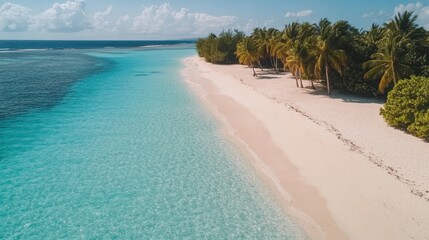 Stunning Aerial View of Tropical Beach Paradise with Crystal Clear Water and Palm Trees