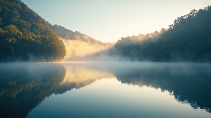 Fototapeta premium Serene Sunrise Over Misty Lake and Forest