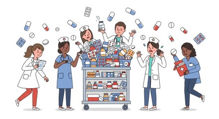 Overwhelmed medical team struggling with excess medication and pharmaceutical inventory
