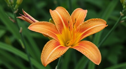 Fototapeta premium Vibrant Orange Daylily Flower in Full Bloom A Stunning Close-Up Photograph