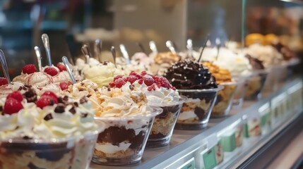 Delectable display of artisanal ice cream parfaits with diverse flavors