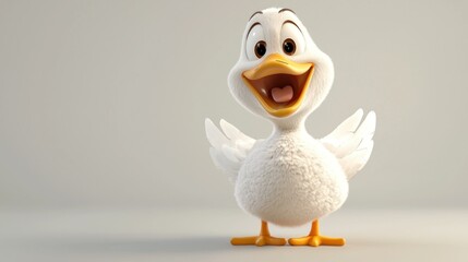 Cute cartoon duck, cheerful expression, studio shot, light gray background