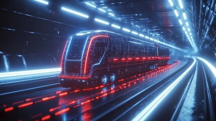 Futuristic vehicle moving through neon-lit tunnel.