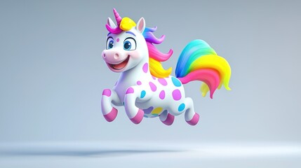 Fototapeta premium Happy cartoon unicorn jumping in studio