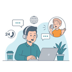 EPS | Customer Support Call Center Concept – Flat Vector Illustration with Friendly Service Agent