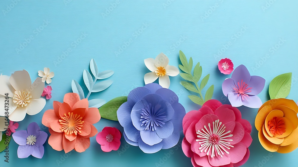 Poster Colorful paper flowers in various shapes arranged on a soft blue background creating a cheerful spring ambiance
