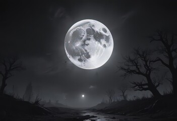 Low-hanging full moon, inky black sky  Spooky, eerie atmosphere ,  night, full moon,  night sky