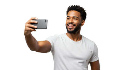Bearded African American man in white T-shirt joyfully taking selfie with smartphone, isolated on transparent background