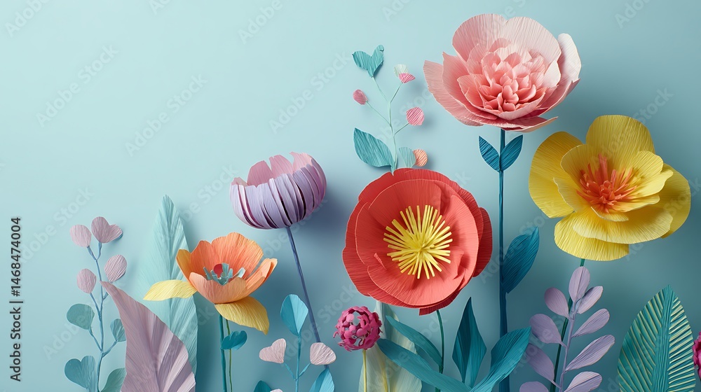 Poster colorful paper flowers in various shapes arranged on a soft blue background creating a cheerful spri