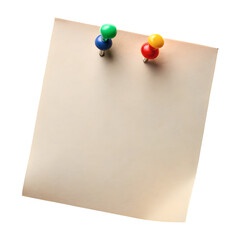 Blank beige note pinned with colorful pushpins isolated on a transparent background