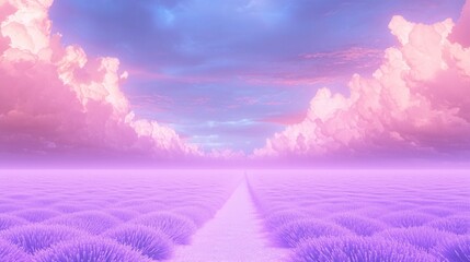 Serene Lavender Field at Sunset with Dreamy Clouds