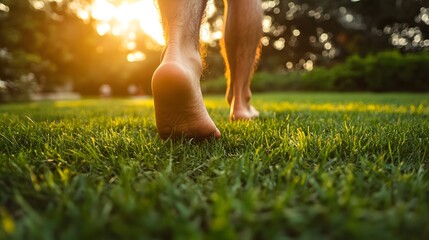 Bare feet walking on grass at sunset, capturing a sense of freedom, nature, and relaxation. Ground-level shot with sun-kissed grass.