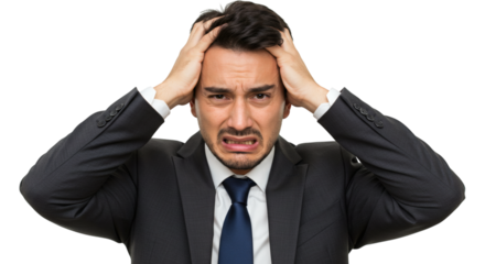 Frustrated businessman in a suit with hands on head in despair showing worry and stress, isolated on transparent background