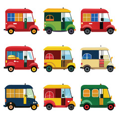 Nine  classic Auto-rickshaw arranged on a white background.