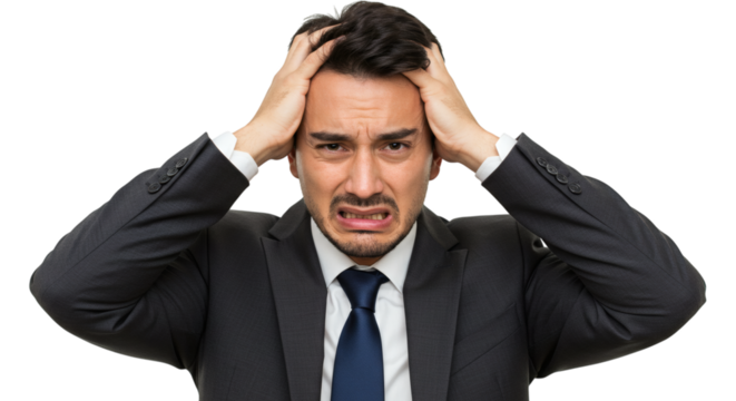 Frustrated businessman in a suit with hands on head in despair showing worry and stress, isolated on transparent background