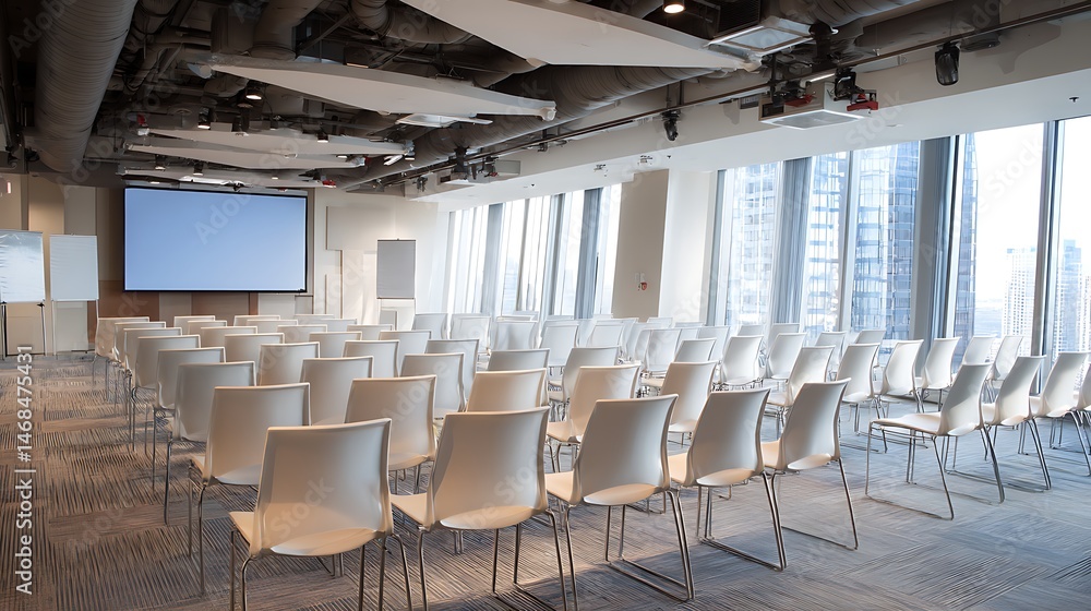 Poster contemporary conference room featuring minimalist design with rows of chairs and a large projector s