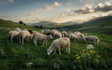 Fototapeta premium Lake District England, Sheep graze hillside at sunset